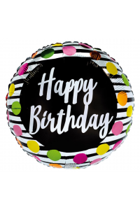 18" Happy Birthday Colourful polka dots and black stripes
