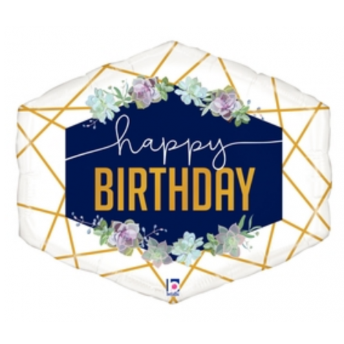 30" Happy birthday navy and white gold stripes flower theme