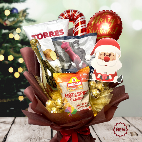 Christmas festive wine and snacks bouquet