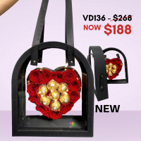 Preserved rose and chocolates in a heart bag